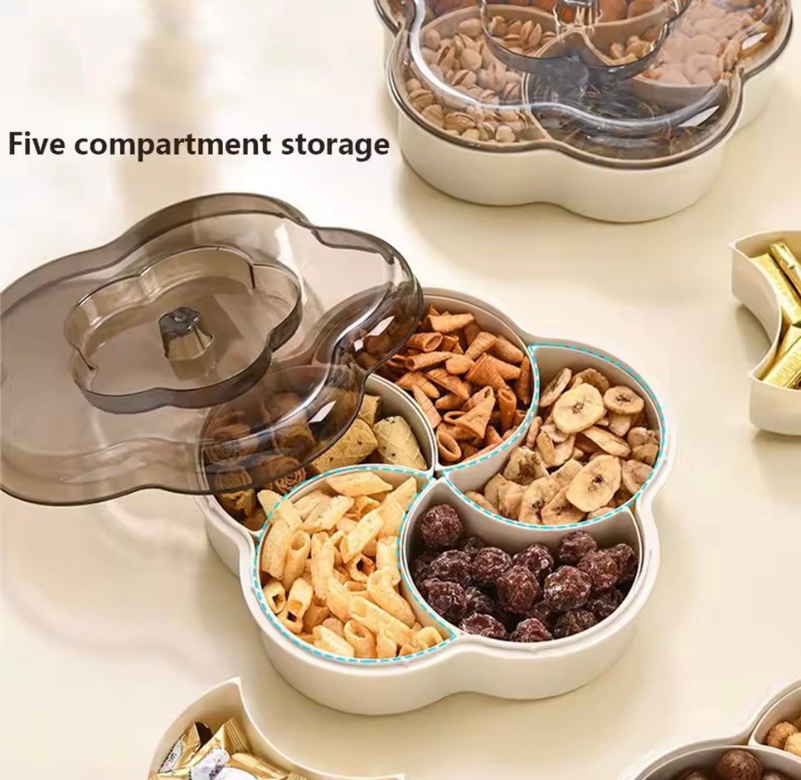 Five Compartments Divided Serving Tray With Lid, Dust Proof Dried Fruit Snack Storage Bowl, Large Capacity Modern Divided Serving Platter Box Five Compartments Divided Serving Tray With Lid, Dust Proof Dried Fruit Snack Storage Bowl, Large Capacity Modern Divided Serving Platter Box